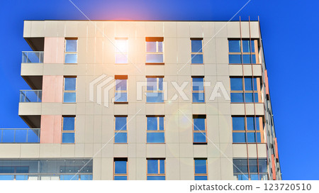 Modern and new apartment building. Multistoried modern, new and stylish living block of flats. Modern and new apartment building. Multistoried modern, new and stylish living block of flats. 123720510