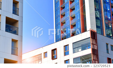 Modern and new apartment building. Multistoried modern, new and stylish living block of flats. 123720523