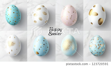 A clean, polished image of Easter eggs in blue, white, and pink colors with golden speckles and spots. The Happy Easter message is displayed in the center on a marble-like background. 123720591