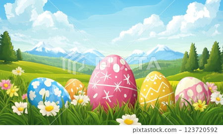 An illustrated Easter scene with eggs in bright yellow, blue, pink, and orange, each decorated with patterns of dots, lines, and stars. The eggs are placed on green grass surrounded by flowers. 123720592