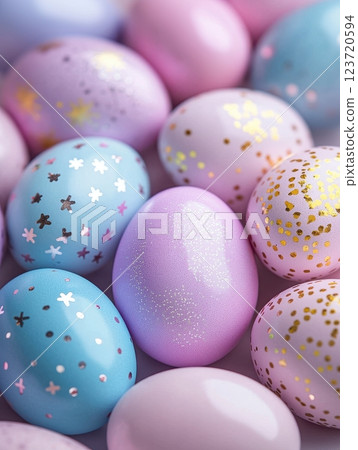 A close-up shot of pastel-colored Easter eggs with patterns of small flowers, stars, and glittery details. The eggs are in shades of pink, purple, and blue, creating a playful/ 123720594