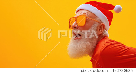 Santa Claus in summer wearing red outfit, sunglasses, and hat on yellow background 123720626