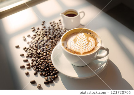 Perfectly brewed cappuccino with latte art in a coffee cup, surrounded by coffee beans, with warm sunlight streaming through the window in morning. Perfectly brewed cappuccino with latte art in a coffee cup, surrounded by coffee beans, with warm sunlight streaming through the window in morning. 123720705
