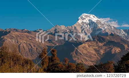 Morning sunlight highlights the majestic peaks of Annapurna range 123720729
