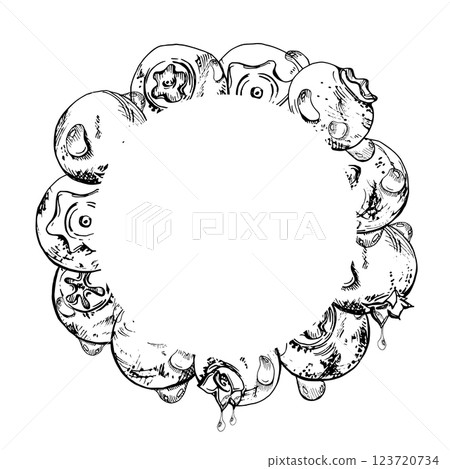 Blueberry blackberry, hand drawn in ink vector, group of scattered ripe forest berry with drops, blue and sketch. Wreath frame isolated illustration for restaurant, dessert cafe menu, farmers market Blueberry blackberry, hand drawn in ink vector, group of scattered ripe forest berry with drops, blue and sketch. Wreath frame isolated illustration for restaurant, dessert cafe menu, farmers market 123720734