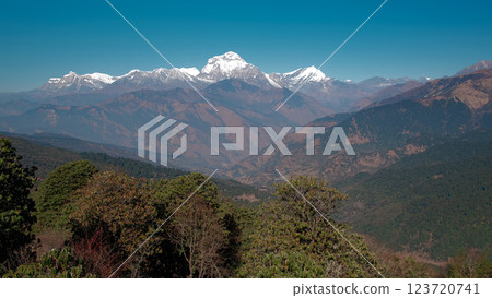 Breathtaking landscapes of Ghorepani Nepal during daytime adventure, pan Breathtaking landscapes of Ghorepani Nepal during daytime adventure, pan 123720741