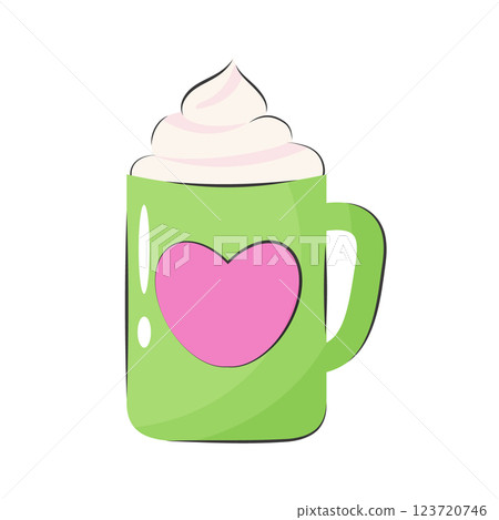 Coffee and cream green mug with pink heart on it in cartoon style. Colorful cheerful illustration on white background. Hot beverage. Coffee and cream green mug with pink heart on it in cartoon style. Colorful cheerful illustration on white background. Hot beverage. 123720746