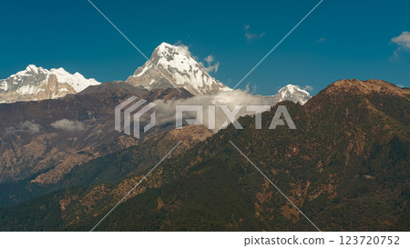 Stunning evening views of Annapurna range majestic mountains and village Stunning evening views of Annapurna range majestic mountains and village 123720752