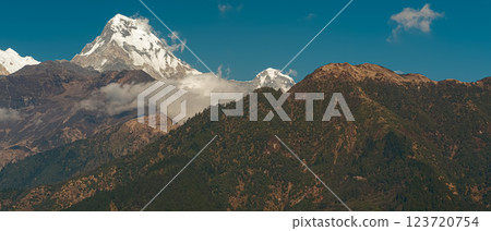 Beautiful evening views of Annapurna range majestic mountains, ultra-wide 123720754