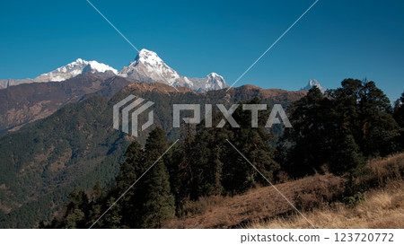 Ghorepani stunning views of the Annapurna mountain range, pan Ghorepani stunning views of the Annapurna mountain range, pan 123720772