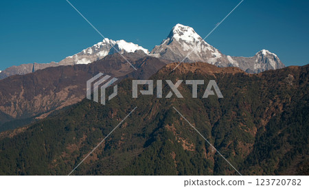 Breathtaking views of Nepal Ghorepani Day in the Himalayas, tilt 123720782