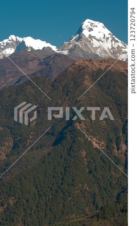 Breathtaking landscapes of Ghorepani Nepal during daytime adventure, pan Breathtaking landscapes of Ghorepani Nepal during daytime adventure, pan 123720794