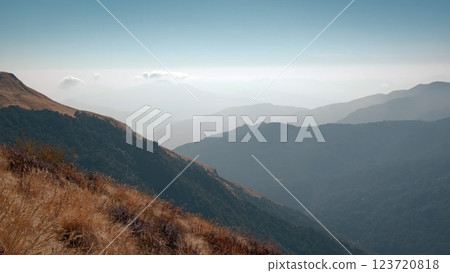 Stunning mountain views and serene landscapes of Ghorepani in Nepal, pan 123720818