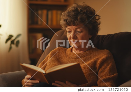 An older woman reading a book in a cozy living room, surrounded by warm light and bookshelves, creating a peaceful and reflective atmosphere An older woman reading a book in a cozy living room, surrounded by warm light and bookshelves, creating a peaceful and reflective atmosphere 123721050