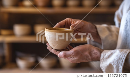 A craftsmans hands holding a handmade ceramic cup in a pottery studio, showcasing traditional craftsmanship and artistry in a warm rustic setting 123721075
