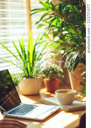 A young freelancer working on a laptop in a cozy home office filled with lush green plants, warm sunlight, and a cup of coffee for inspiration 123721077