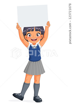 Happy Asian school girl holding a blank banner above her head. Cartoon vector illustration. 123721078
