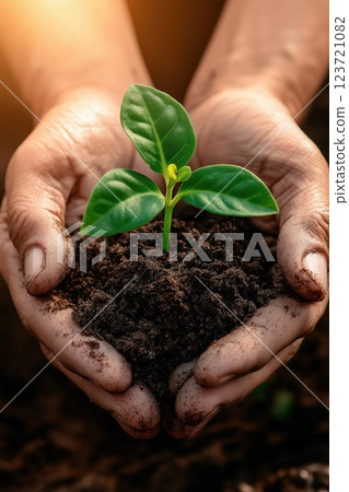 Close-up of a pair of hands cradling a tiny seedling in rich soil, symbolizing growth, sustainability, and environmental care 123721082