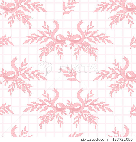 Vintage seamless pattern pink ribbon bow with Plants on checkered background. Romantic Coquette Pink Girly Vibe. Trendy aesthetic template for Design, wrapping paper, packaging. Vector illustration Vintage seamless pattern pink ribbon bow with Plants on checkered background. Romantic Coquette Pink Girly Vibe. Trendy aesthetic template for Design, wrapping paper, packaging. Vector illustration 123721096