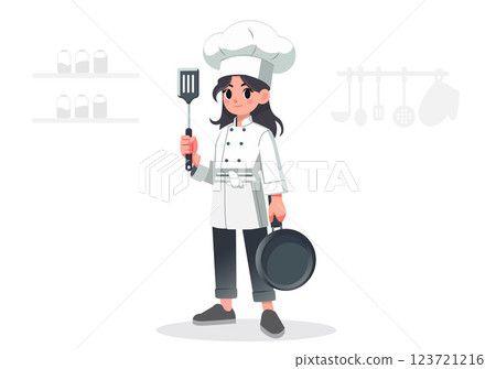 Flat illustration of a beautiful female chef standing confidently with kitchen equipment. 123721216