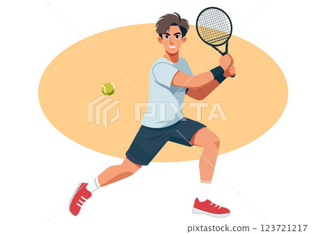 Flat illustration of a male tennis player scoring a point. 123721217