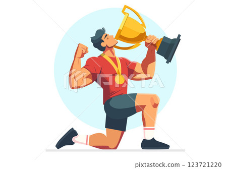 Flat illustration of a winner receiving a trophy. Flat illustration of a winner receiving a trophy. 123721220