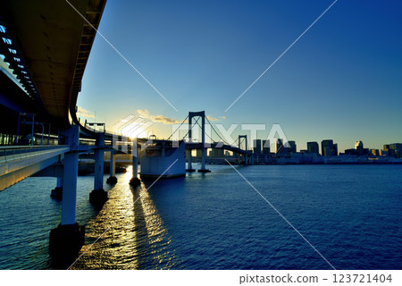 Rainbow Bridge and the scenery of Ariake, Harumi, and Shibaura as seen from the Rainbow Bridge North Route Promenade Rainbow Bridge and the scenery of Ariake, Harumi, and Shibaura as seen from the Rainbow Bridge North Route Promenade 123721404