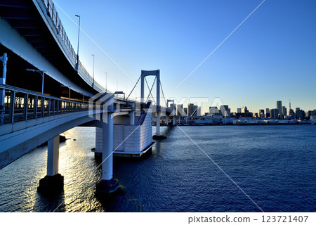 Rainbow Bridge and the scenery of Ariake, Harumi, and Shibaura as seen from the Rainbow Bridge North Route Promenade Rainbow Bridge and the scenery of Ariake, Harumi, and Shibaura as seen from the Rainbow Bridge North Route Promenade 123721407