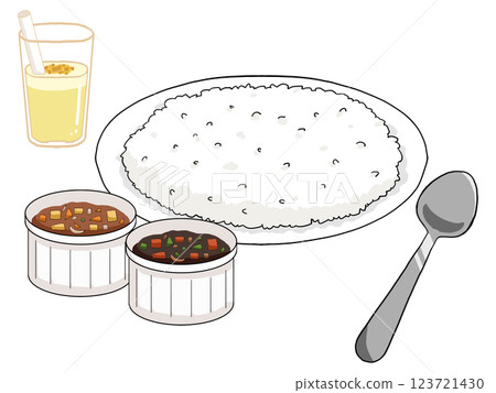 Illustration of curry rice and mango lassi with separate roux 123721430