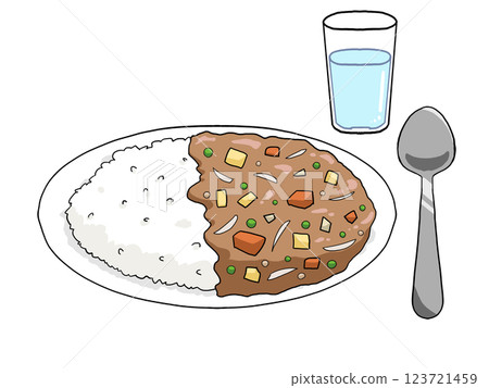 Illustration of curry rice, drinking water, and a spoon (light, sweet curry roux) Illustration of curry rice, drinking water, and a spoon (light, sweet curry roux) 123721459