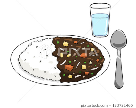 Illustration of curry rice, drinking water and a spoon (thick curry sauce) Illustration of curry rice, drinking water and a spoon (thick curry sauce) 123721460