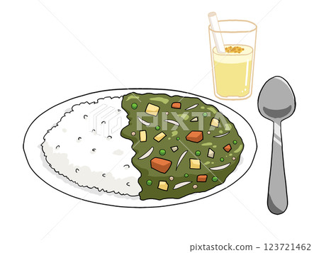 Illustration of curry rice, mango lassi and spoon (green roux) Illustration of curry rice, mango lassi and spoon (green roux) 123721462