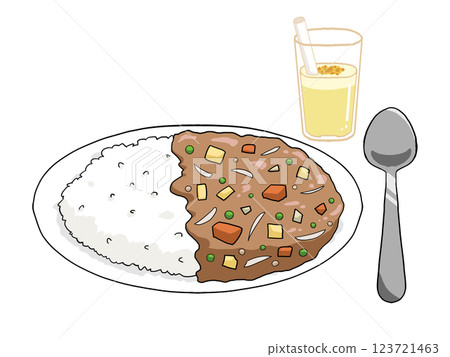 Illustration of curry rice, mango lassi and spoon (thin curry sauce, sweet) Illustration of curry rice, mango lassi and spoon (thin curry sauce, sweet) 123721463