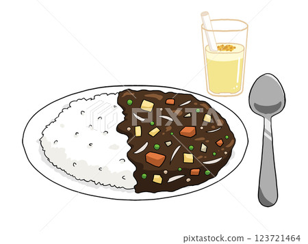 Illustration of curry rice, mango lassi and spoon (thick curry, black curry) Illustration of curry rice, mango lassi and spoon (thick curry, black curry) 123721464