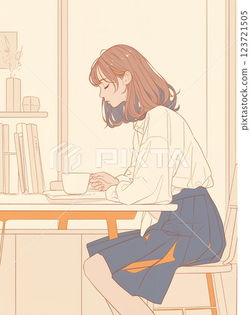 一個女孩喝咖啡和放鬆的插圖 123721505