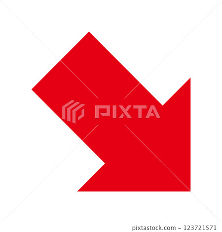 Simple red arrow pointing down to the right on a white background 123721571