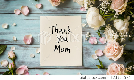 母親節手寫留言卡和優雅的白色和粉紅色花朵裝飾 | 淺藍色木桌 123721585