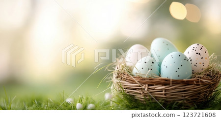 A close-up of Easter eggs in a nest made of straw, resting on lush green grass. The eggs are light blue and white with speckled patterns. The background has a soft bokeh effect. A close-up of Easter eggs in a nest made of straw, resting on lush green grass. The eggs are light blue and white with speckled patterns. The background has a soft bokeh effect. 123721608