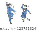 Male and female students jumping with fist pump 123721624