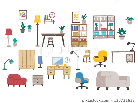 A set of various hand-drawn furniture illustrations, including potted plants, furniture and lighting 123721632