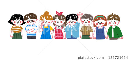 Illustration of cute elementary school children looking at you and smiling Illustration of cute elementary school children looking at you and smiling 123721634