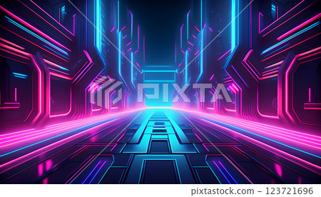 Futuristic cyberpunk hallway with neon lights 123721696