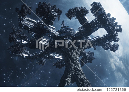 Floating tree city in space showcases futuristic architecture amid the cosmos Floating tree city in space showcases futuristic architecture amid the cosmos 123721866