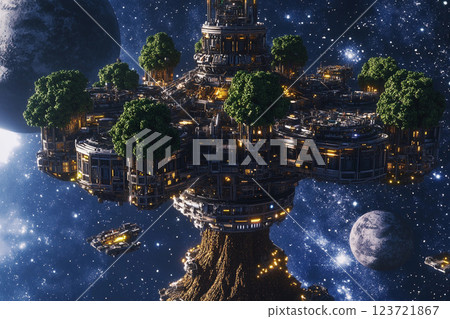 Floating tree city in space showcases futuristic architecture amid the cosmos Floating tree city in space showcases futuristic architecture amid the cosmos 123721867