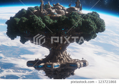Floating tree city in space showcases futuristic architecture amid the cosmos Floating tree city in space showcases futuristic architecture amid the cosmos 123721868