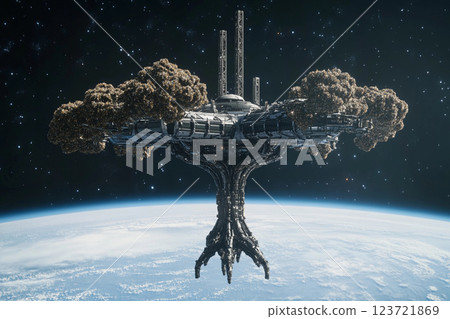 Floating tree city in space showcases futuristic architecture amid the cosmos Floating tree city in space showcases futuristic architecture amid the cosmos 123721869