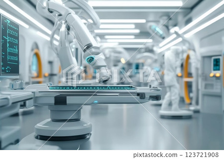 Futuristic hospital interior with advanced technology and sterile environment 123721908