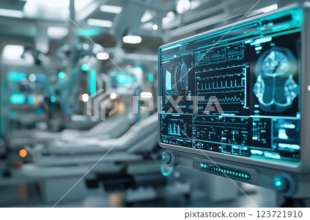 Futuristic hospital interior with advanced technology and sterile environment Futuristic hospital interior with advanced technology and sterile environment 123721910