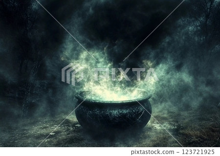Cauldron boiling with dark smoke and flames in a mystical setting at night 123721925