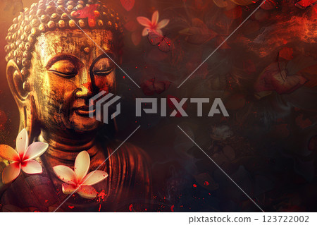 Ancient statue great Buddha on bright holiday composition, abstract vivid composition consists of fictional unreal fantastic vision on background 123722002